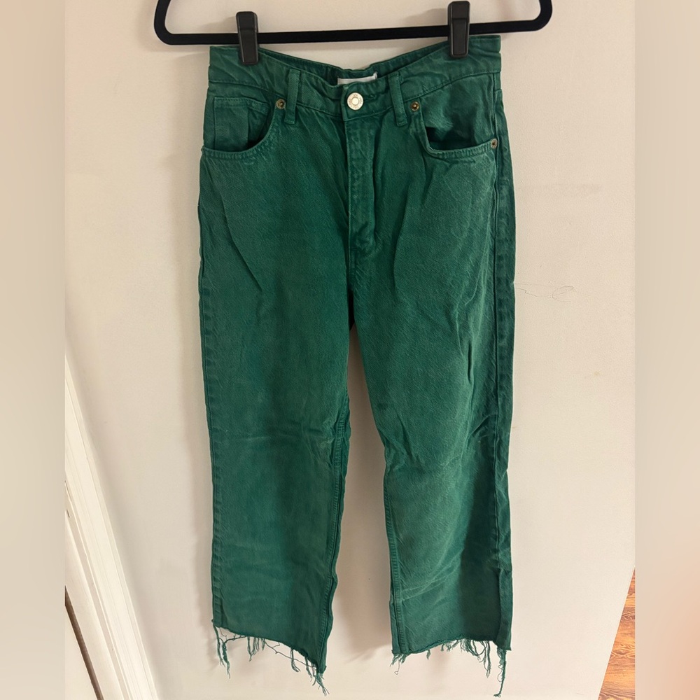 Zara Straight Jeans in Forest Green with Frayed Edge